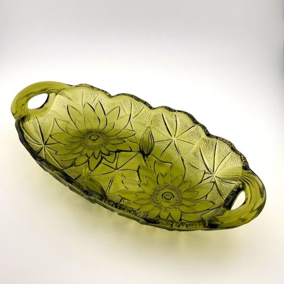 Indiana Glass Other - Vintage Indiana Glass Avocado Green Sunflower Oval Relish Dish W Handles